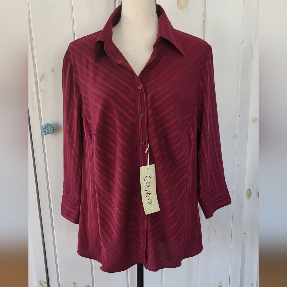 Como Plus Stripe Deep V Button-front Blouse